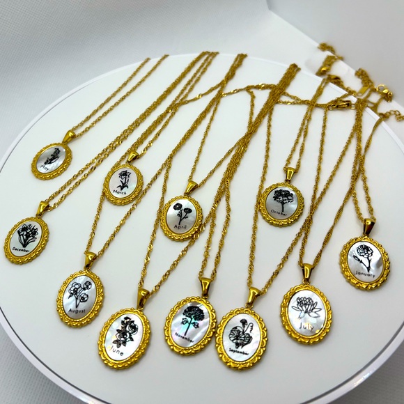 Jewelry - N335 Birth Month Flower Rainbow Mother of Pearl Necklace 18KGold over Stainless